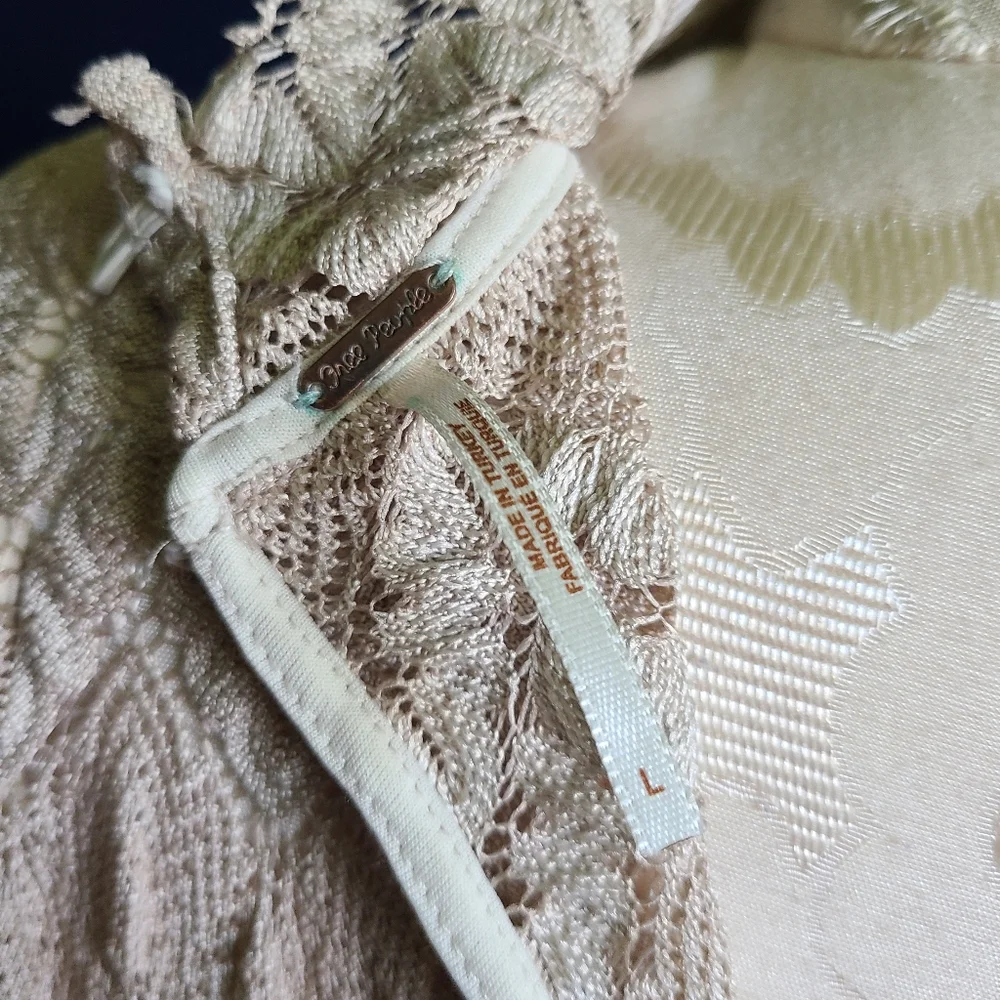 FREE PEOPLE Beige Simone Crochet Lace Shift Mini Dress Large - Picture 9 of 12